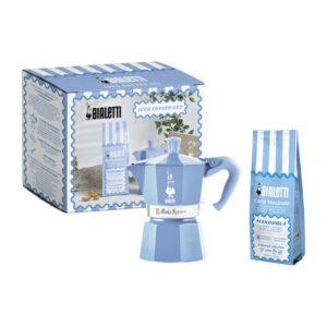 Bialetti – Set: Moka Express 3tz Light Blue + Perfetto Moka Mandorla Ground Coffee 250g