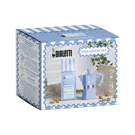 Bialetti - Set: Moka Express 3tz Light Blue + Perfetto Moka Mandorla Ground Coffee 250g